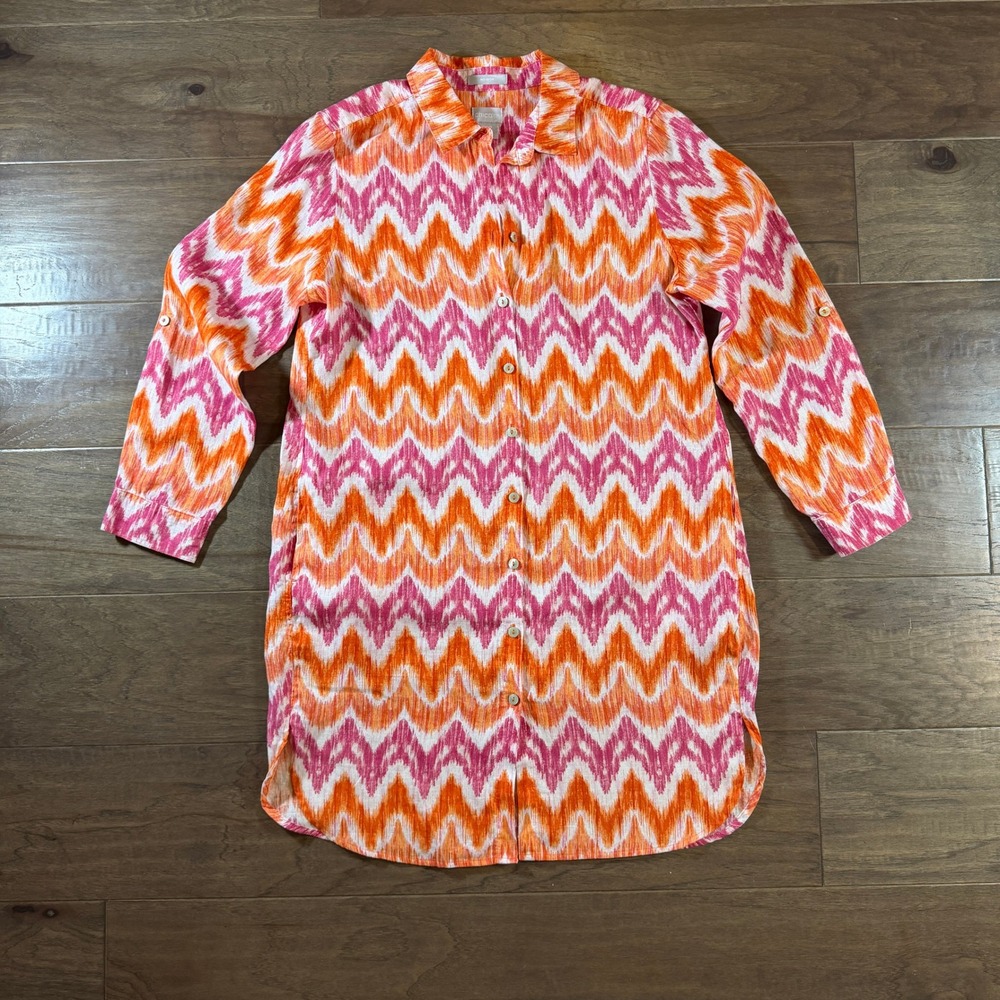 Chicos Linen Ikat Chevron Tunic Shirt Pink‎ Orange Button Down Size 00P 2P